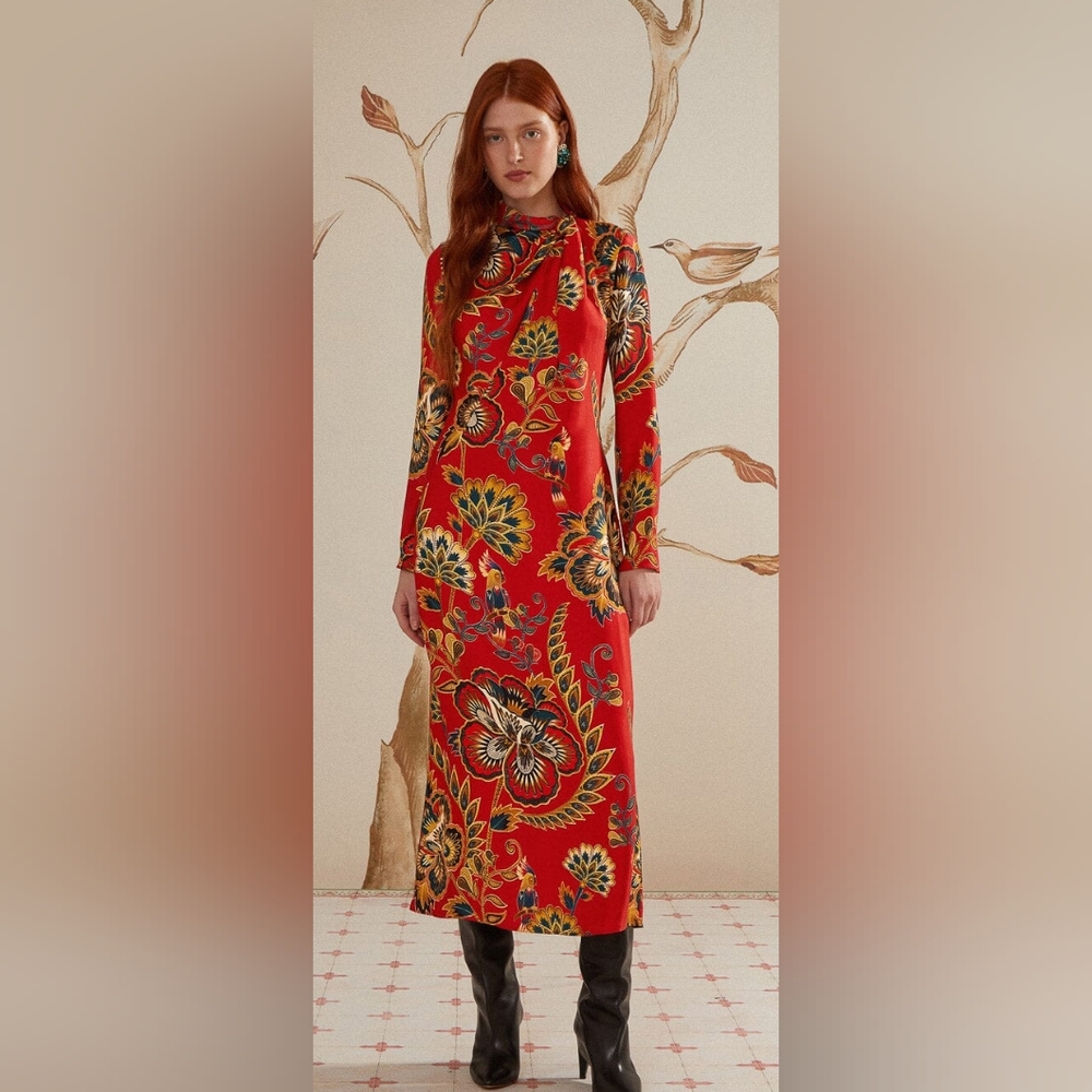 red maxi floral cutout lenzing ecovero viscose midi dress